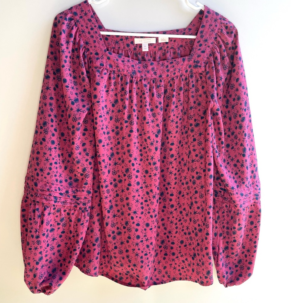 Hot Pink Blue Doodle Floral Boho Blouse